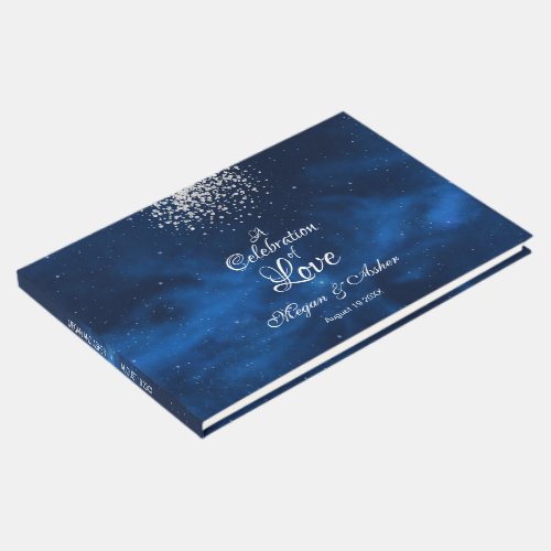 Romantic Blue Universe with Silver Confetti Guest Book