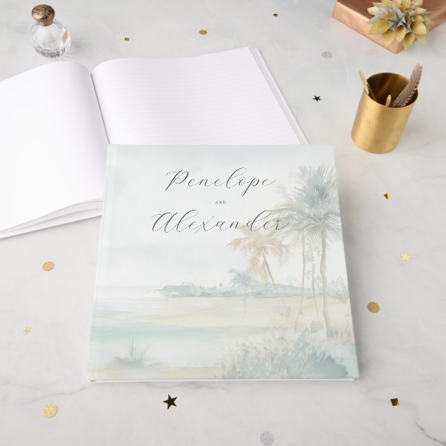 Romantic Blue Watercolor Beach Scene Guest Book (Front Open)