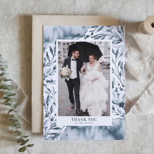 Romantic Blue Watercolor Botanicals Photo Wedding Thank You Card