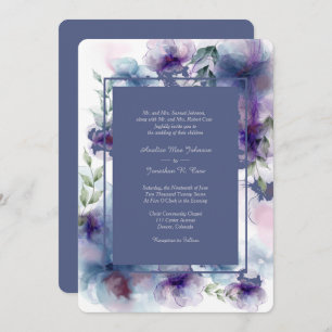 Romantic Blue Watercolor Floral Formal Wedding Invitation