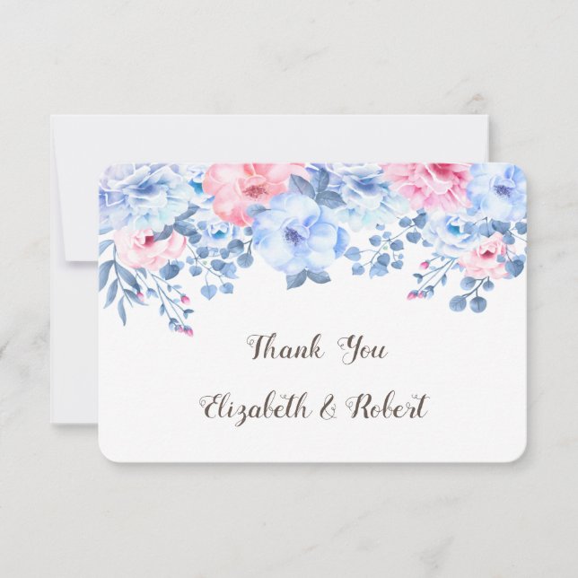 Romantic Blue Watercolor Floral Thank You Card (Front)