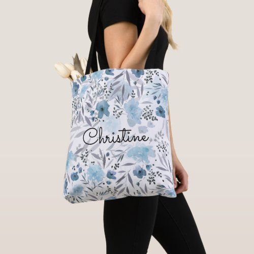 romantic blue watercolor floral tote bag