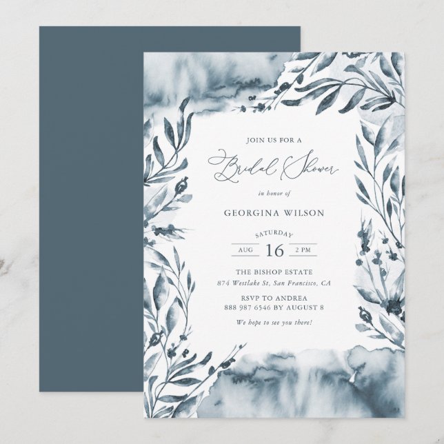 Romantic Blue Watercolor Foliage Bridal Shower Invitation (Front/Back)
