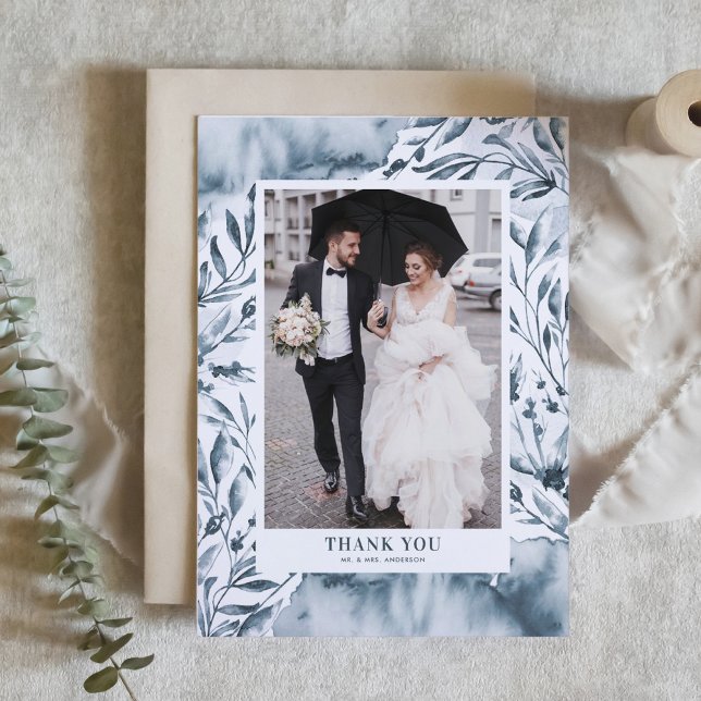 Romantic Blue Watercolor Foliage Wedding Thank You Card (Creator Uploaded)