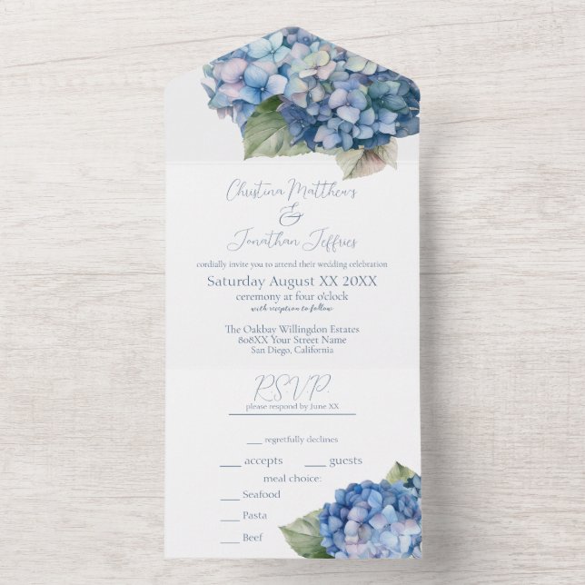 Romantic Blue Watercolor Hydrangea Flowers All In One Invitation (Inside)