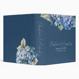 Romantic Blue Watercolor Hydrangea Flowers on Navy 3 Ring Binder