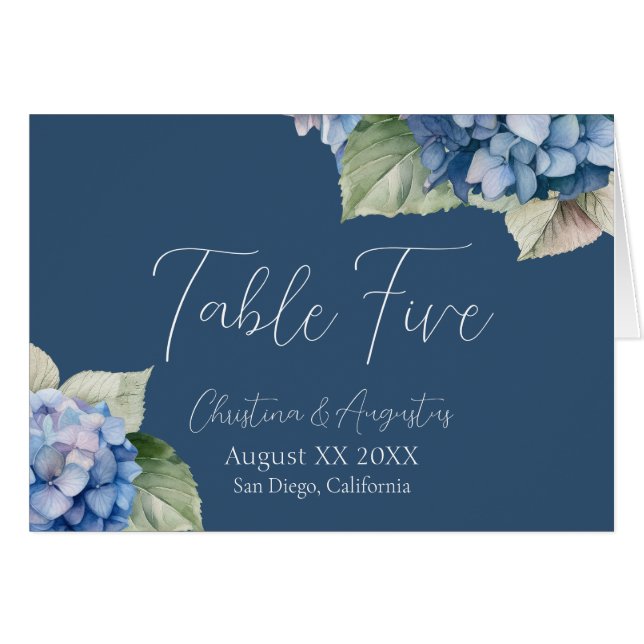 Romantic Blue Watercolor Hydrangea Flowers on Navy Cards (Front Horizontal)