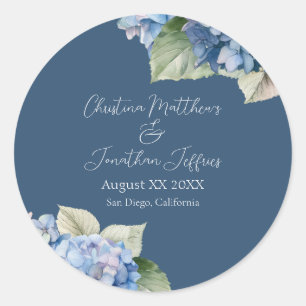 Romantic Blue Watercolor Hydrangea Flowers on Navy Classic Round Sticker