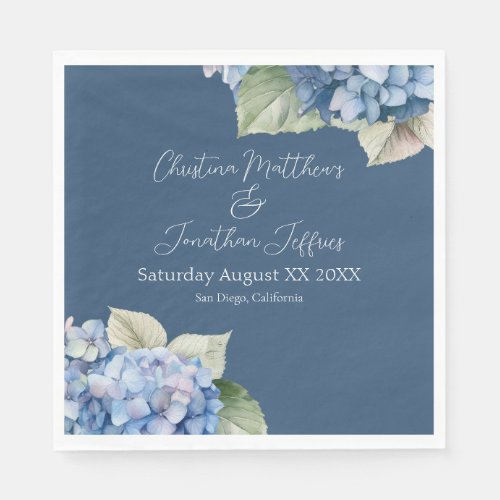 Romantic Blue Watercolor Hydrangea Flowers on Navy Napkins