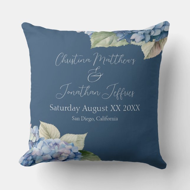 Romantic Blue Watercolor Hydrangea Flowers on Navy Throw Pillow (Front)
