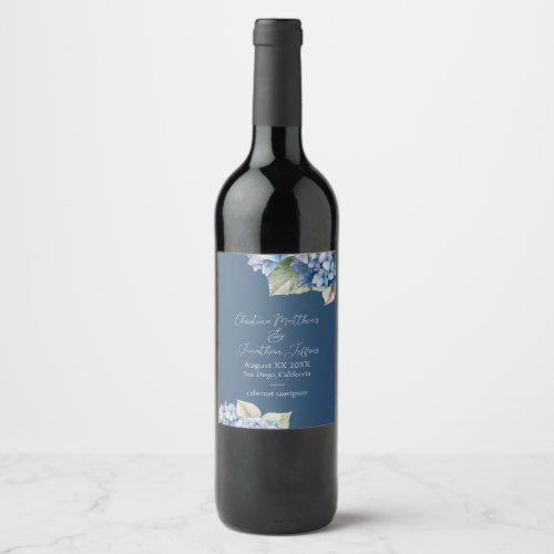Romantic Blue Watercolor Hydrangea Flowers on Navy Wine Label