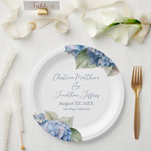 Romantic Blue Watercolor Hydrangea Flowers Paper Plates