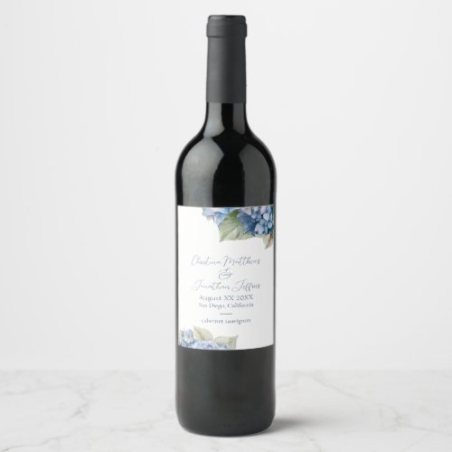 Romantic Blue Watercolor Hydrangea Flowers Wine Label