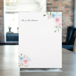 Romantic blue & watercolor pink roses, custom name letterhead