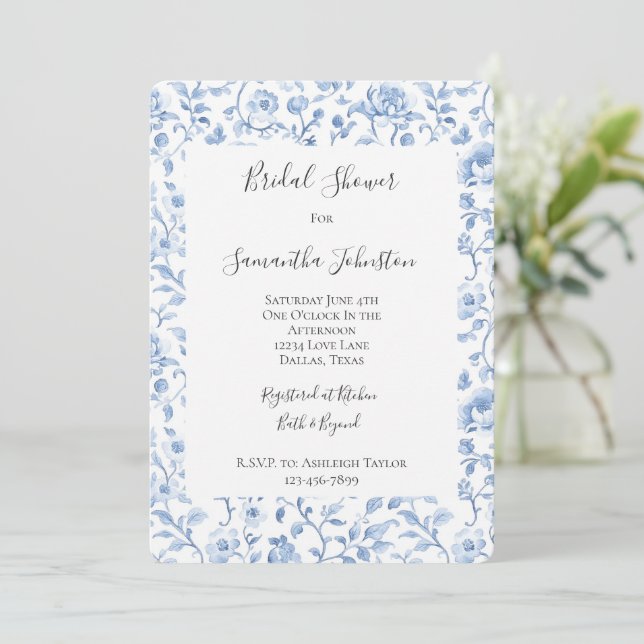 Romantic Blue White Floral Bridal Shower Invitation (Standing Front)