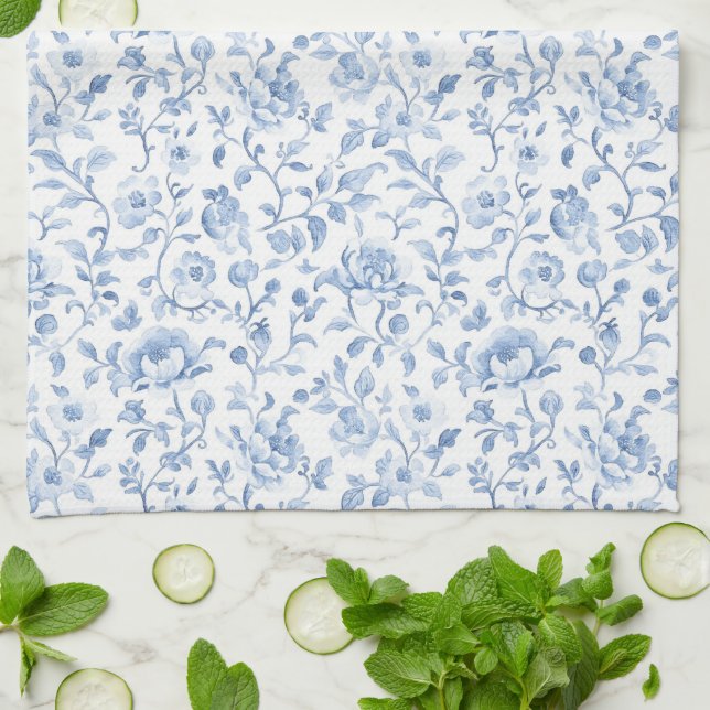 Romantic Blue White Floral Bridal Shower Kitchen Towel (Folded)