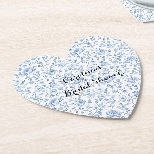 Romantic Blue White Floral Bridal Shower Paper Coaster (Angled)