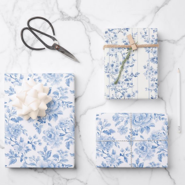 Romantic Blue White Flowers Bridal Shower Wrapping Paper Sheets (Front)