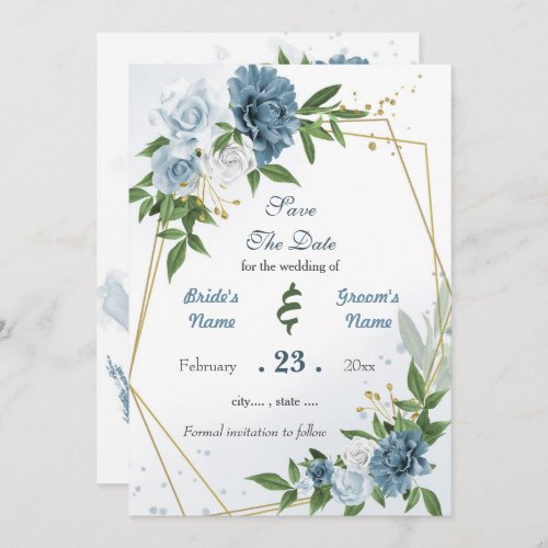 Romantic blue white flowers gold geometric save the date