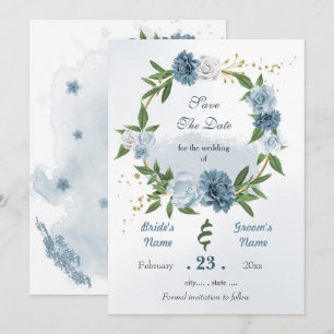 Romantic blue white flowers gold wreath save the date