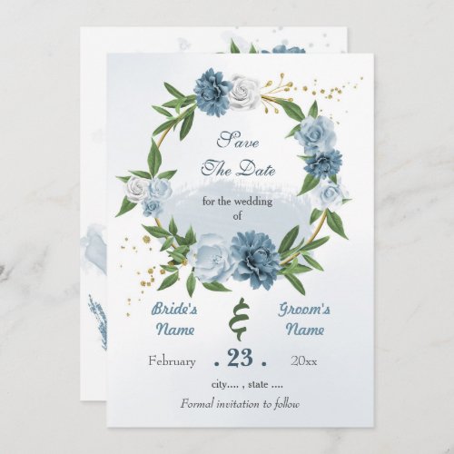 Romantic blue white flowers gold wreath save the date