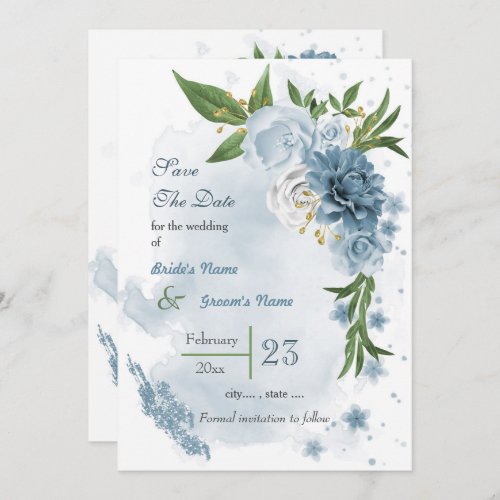 Romantic blue white flowers greenery save the date