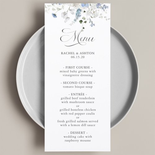 Romantic Blue White Green Floral Wedding Menu