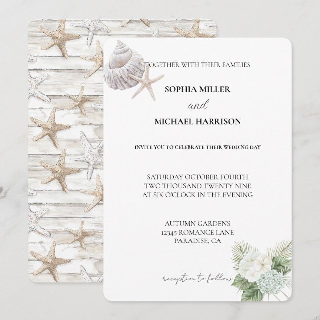 Romantic Blue White Hydrangea Floral Beach Wedding Invitation (Front/Back)
