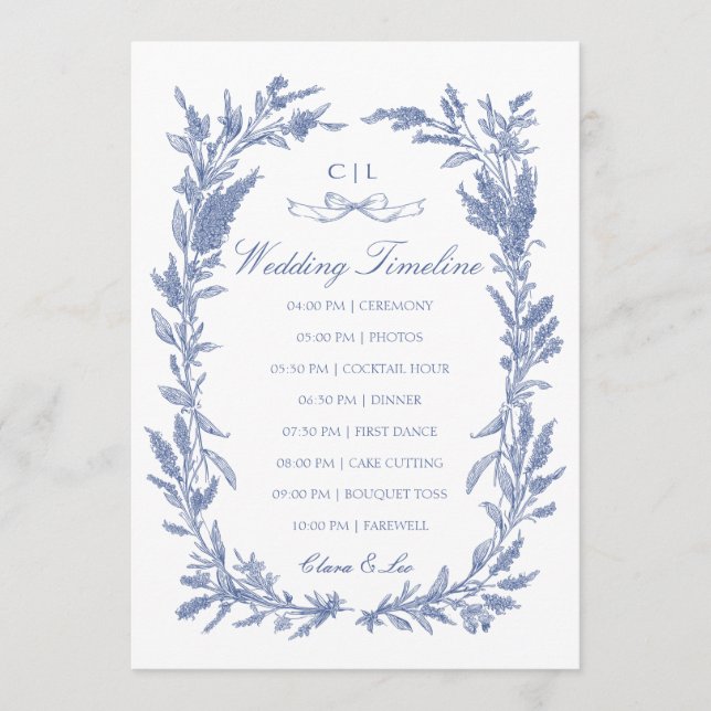 Romantic Blue Wildflower Wreath Wedding Timeline  Program (Front)