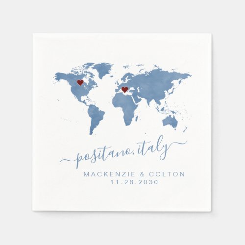 Romantic Blue World Map Watercolor Moveable Hearts Napkins