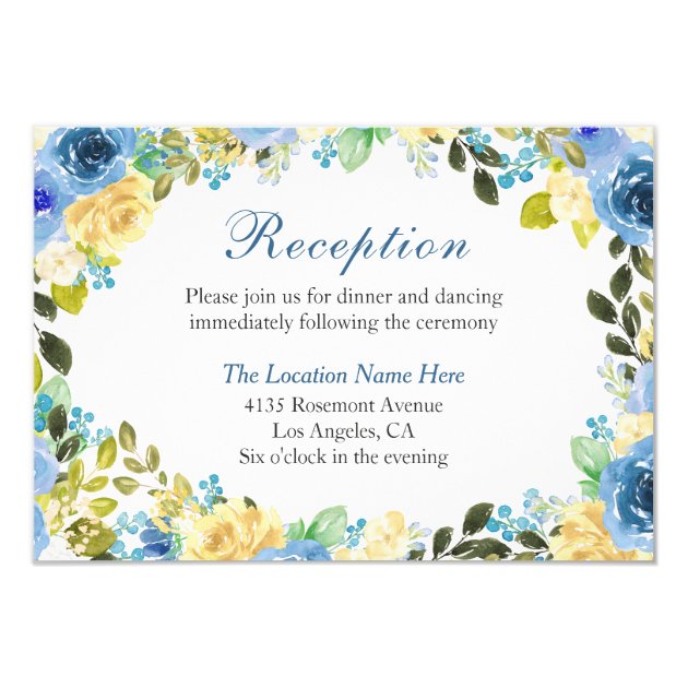 Romantic Blue Yellow Rose Garden Reception Card