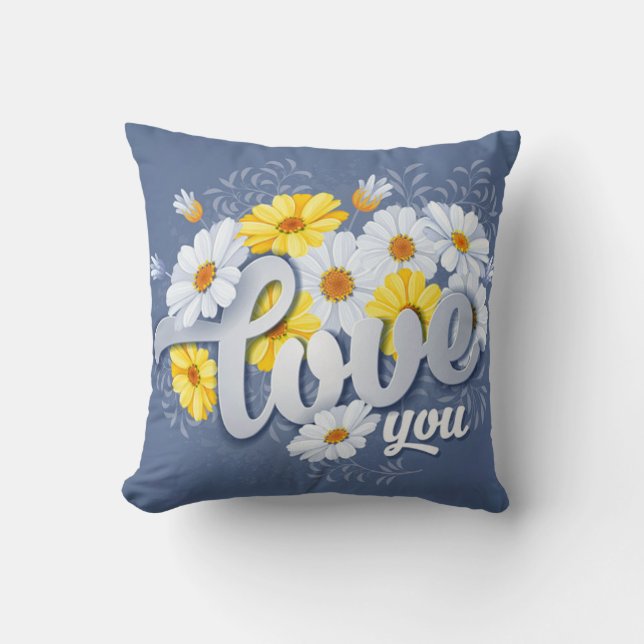 Romantic Blue, Yellow & White Camomile floral Throw Pillow (Front)