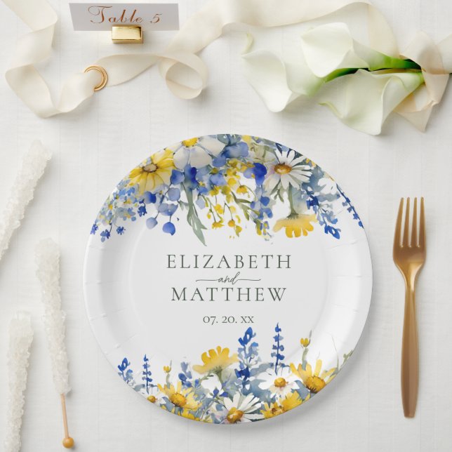 Romantic Blue Yellow Wildflowers Floral Wedding Paper Plates (Wedding)