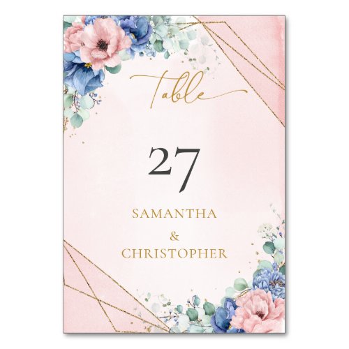 Romantic blush and blue floral eucalyptus gold   table number