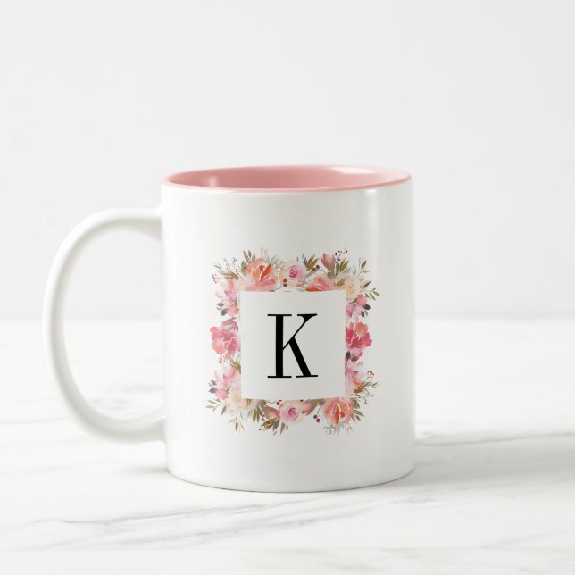 Romantic Blush Bloom Floral Monogram Two-Tone Coffee Mug (Left)