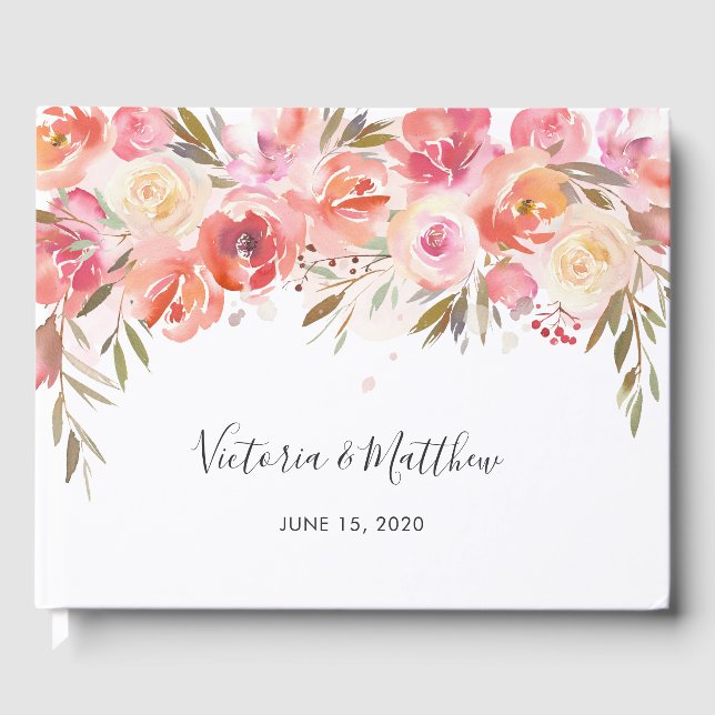 Romantic Blush Bloom Floral Wedding Guest Book (Front)