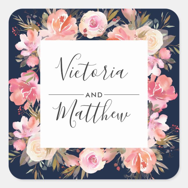 Romantic Blush Bloom Floral Wedding Personalized Square Sticker (Front)