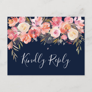 Romantic Blush Bloom Floral Wedding RSVP   Navy Invitation Postcard