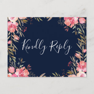 Romantic Blush Bloom Floral Wedding RSVP   Navy Invitation Postcard