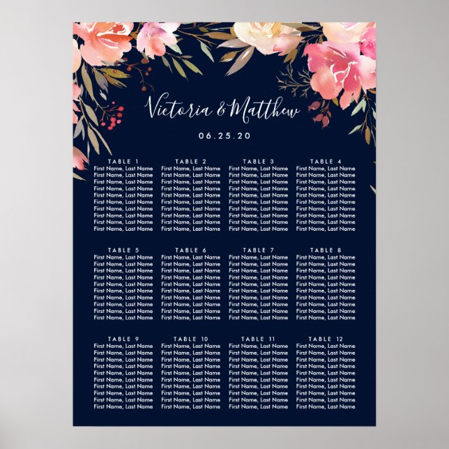 Romantic Blush Bloom Floral Wedding Seating Chart (Front)