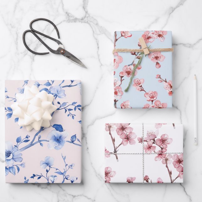 Romantic Blush Blue Floral Bridal Shower Wrapping Paper Sheets (Front)