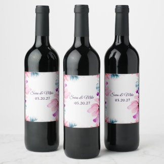 Romantic Blush & Blue floral Wedding Invitation Wine Label