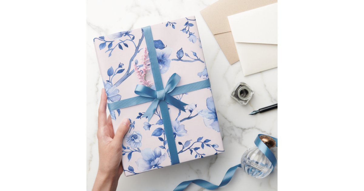 Romantic Blush Blue Floral Wedding Wrapping Paper | Zazzle