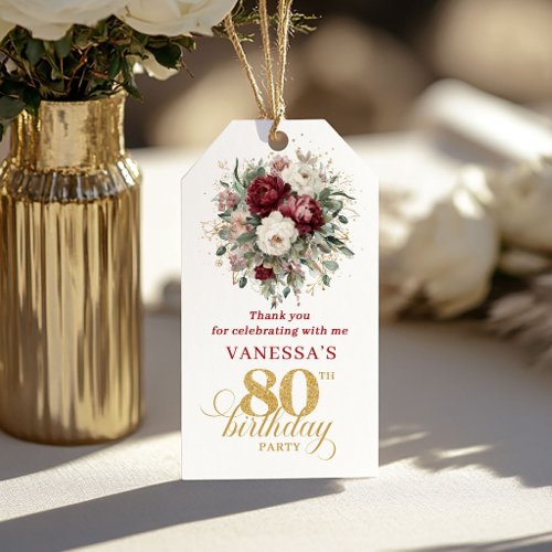 Romantic Blush Burgundy Floral 80th Birthday Favor Gift Tags