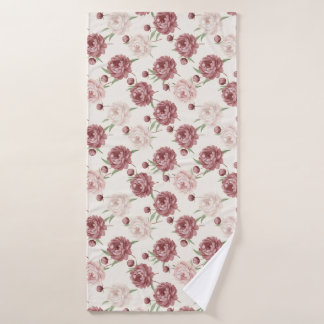 Romantic Blush & Burgundy Peony Floral Pattern Bath Towel