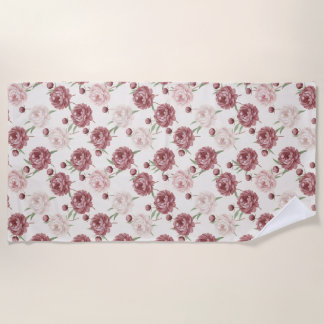 Romantic Blush & Burgundy Peony Floral Pattern Beach Towel