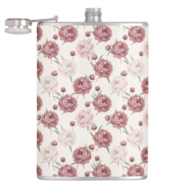 Romantic Blush & Burgundy Peony Floral Pattern Flask (Opened)
