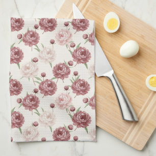 Romantic Blush & Burgundy Peony Floral Pattern Kitchen Towel