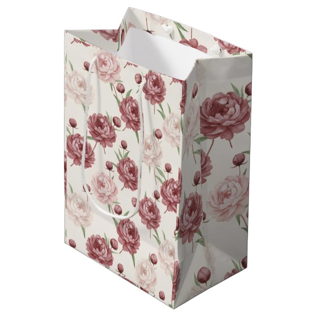 Romantic Blush & Burgundy Peony Floral Pattern Medium Gift Bag (Front Angled)