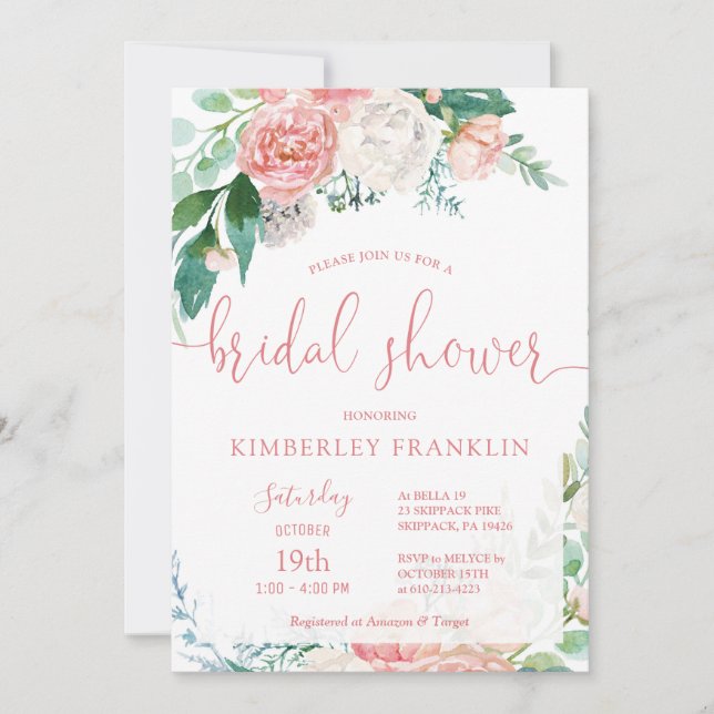 Romantic Blush Floral and Gold Bridal Shower Invit Invitation (Front)